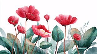 水彩绘就的艳丽红花朵