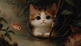 小猫垂钓萌态尽显