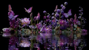 梦幻紫花与蝶的水中景致