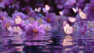 梦幻紫花蝴蝶水面共舞