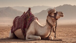 沙漠中戴冠的华丽骆驼