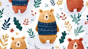 可爱小熊与植物图案背景