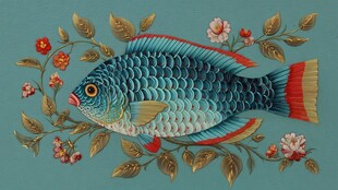 蓝彩鱼栖于繁花绿叶间