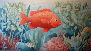 海底红鱼与繁茂水生植物