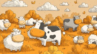 秋日牧场的可爱牛羊群