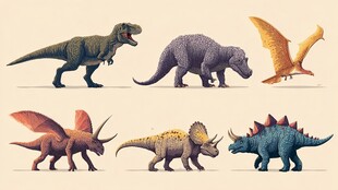 多样史前恐龙与飞禽插画