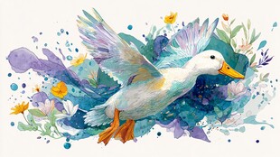 水彩画中展翅的优雅鸭子