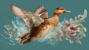 飞翔的彩羽鸭与花卉