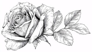 手绘单枝玫瑰黑白插画