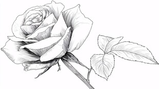 素描玫瑰花朵与叶片