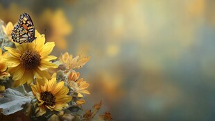 蝴蝶停驻于灿烂向日葵间