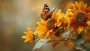 蝴蝶停驻向日葵上的美景