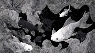 黑白水墨风游动的锦鲤