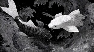 黑白锦鲤戏于波涛之间