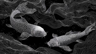 黑白锦鲤游弋于波纹间