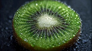 切开的鲜绿猕猴桃带水珠