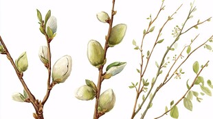 春日萌芽水彩植物图