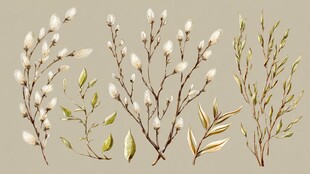 手绘春日植物枝条插画