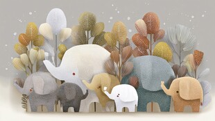 森林中的可爱大象家族