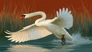 天鹅展翅于湖畔水面