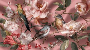 花鸟绘景 粉色浪漫织物图案