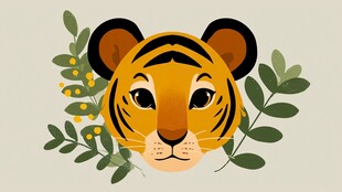 萌趣老虎插画 绿叶相伴