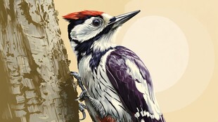 啄木鸟栖息树干生动图景