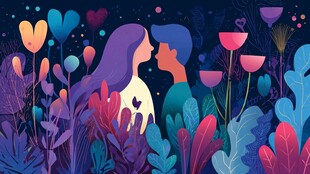 浪漫花丛中情侣甜蜜相依