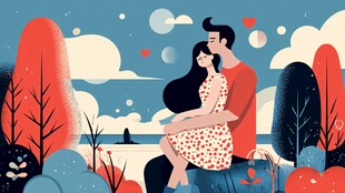 情侣依偎赏景爱意浓