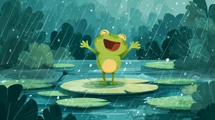 雨中欢乐青蛙立于荷叶间