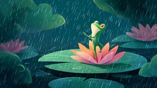 雨中青蛙立于绽放荷花上
