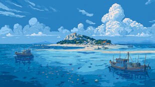 梦幻海岛与海上渔船图景