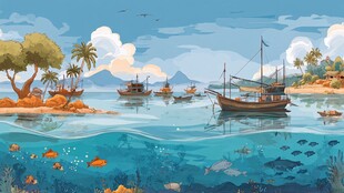 海滨渔村风光 水下鱼群相伴