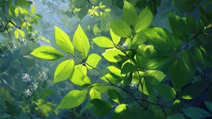 阳光洒落的翠绿树叶景致