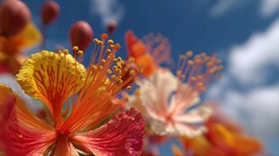 绚丽花卉绽放于蓝天之下