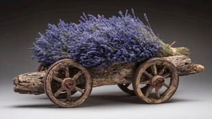 木制小车上的紫色薰衣草