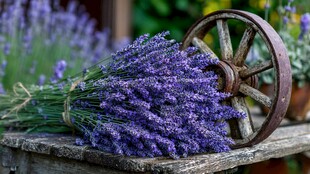 薰衣草与旧木轮的田园风情