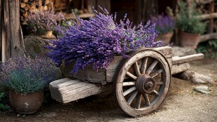木制推车中的浪漫薰衣草