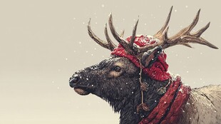 戴红帽围巾的麋鹿雪中侧影