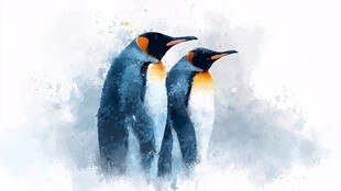 水彩画中亲昵的王企鹅