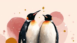 两只企鹅的温馨水彩画面