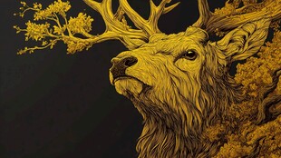 金色麋鹿与奇幻树木图景