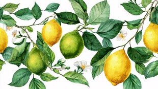 柠檬枝叶水彩插画
