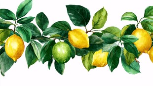 水彩绘柠檬绿叶装饰图案