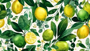 水彩风柠檬青柠绿叶图案