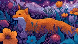 夜中狐憩花丛间