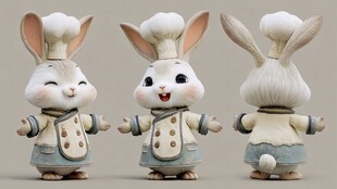 可爱厨师兔玩偶三视角展示