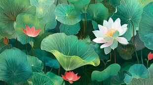 夏日荷塘荷花绽放图景