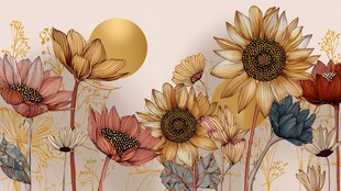 唯美花卉与金色圆月背景图