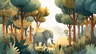 大象漫步于繁茂森林中